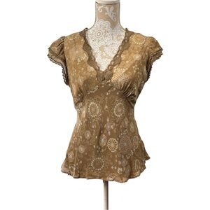 Y2K Gap 100% Silk Babydoll Ruffle Sleeve Top Size Large Print Fairy Lace Trim